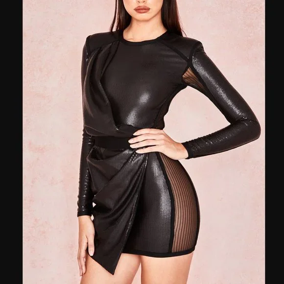 HOUSE OF CB Viktoria black matte sequin draped mini bodycon dress - Picture 2 of 16
